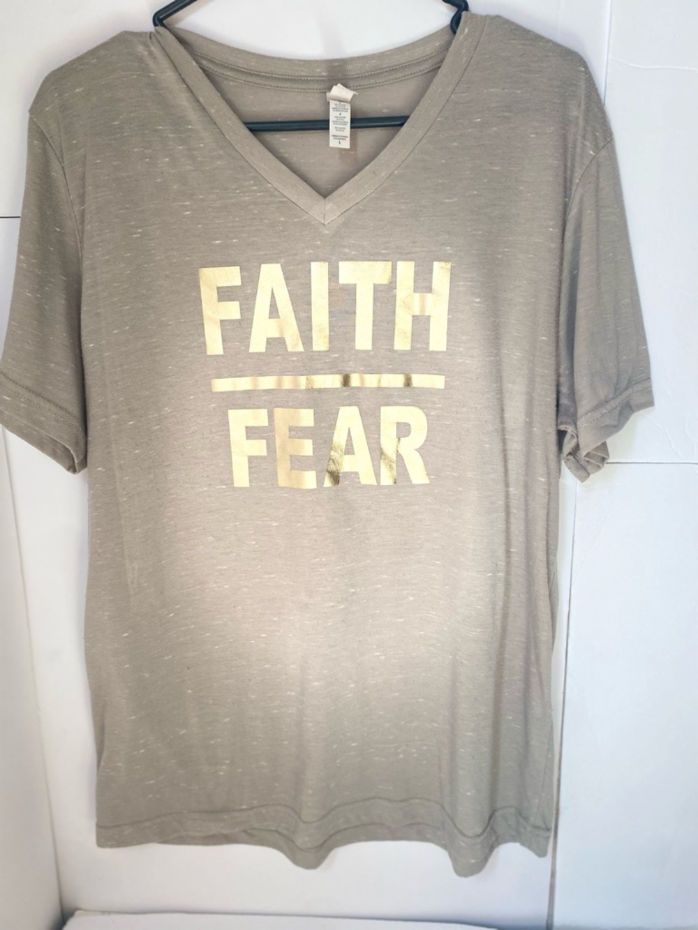 Light Olive  V-Neck Short Sleeve Tee with Gold "FAITH over FEAR" Print